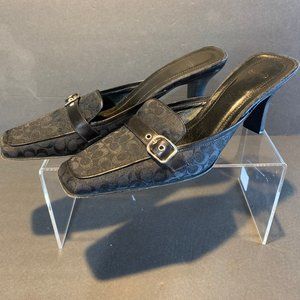 Coach Signature Fabric Mule 8.5 Black Square Toe Heeled Slip On Shoe Side Buckle
